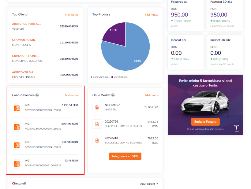 Dashboard Oblio Integrare banci